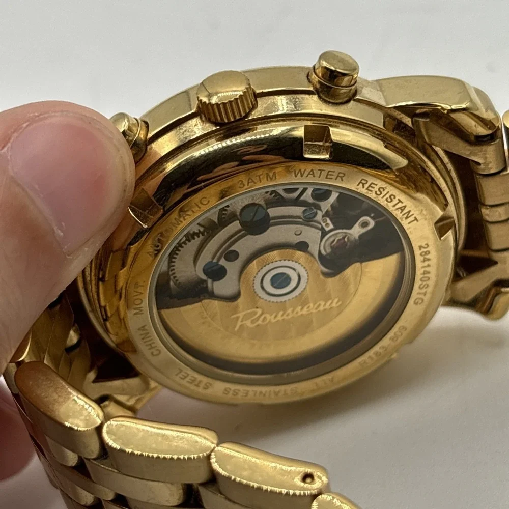Rousseau R183-809 Gold Stainless Steel Automatic Dress Watch Blue Dial 3 ATM